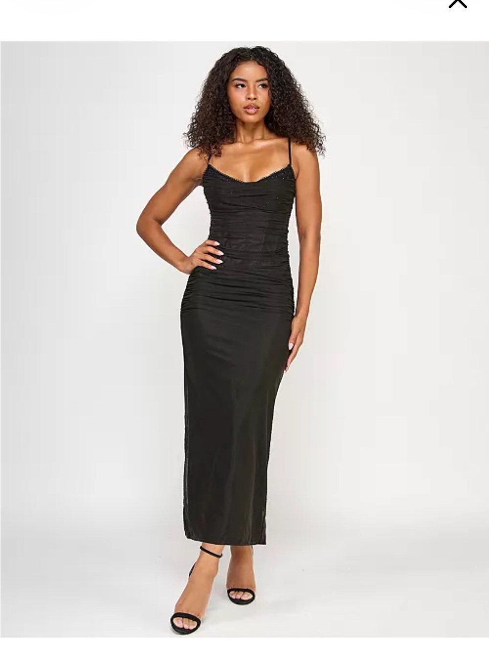 Elegant Black Corset Ruched Maxi Dress with Spaghetti Straps
